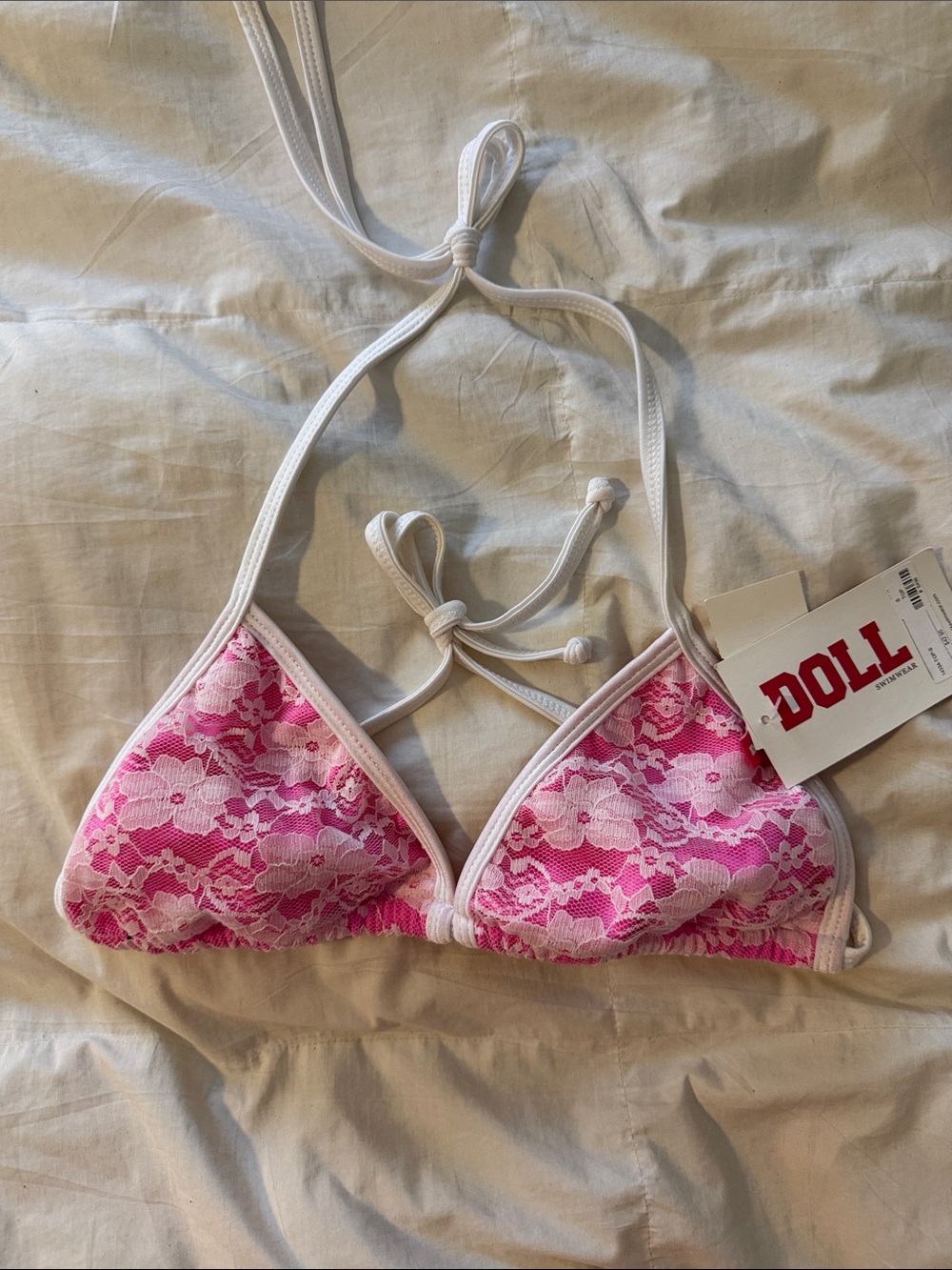 DOLL Swimwear Pink Lace Triangle Bikini Top – Size Small – New With Tags